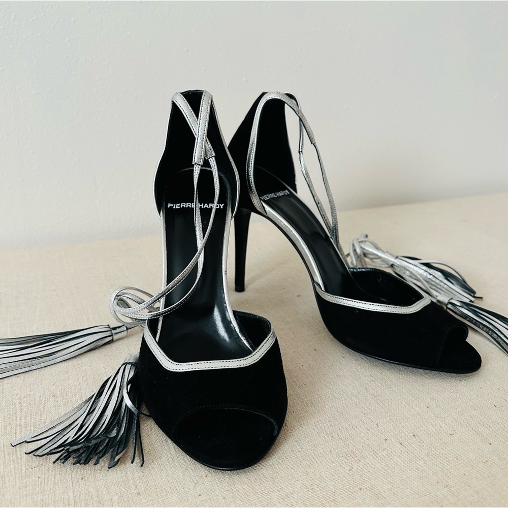 New Pierre Hardy leather suede black silver tassel sandals